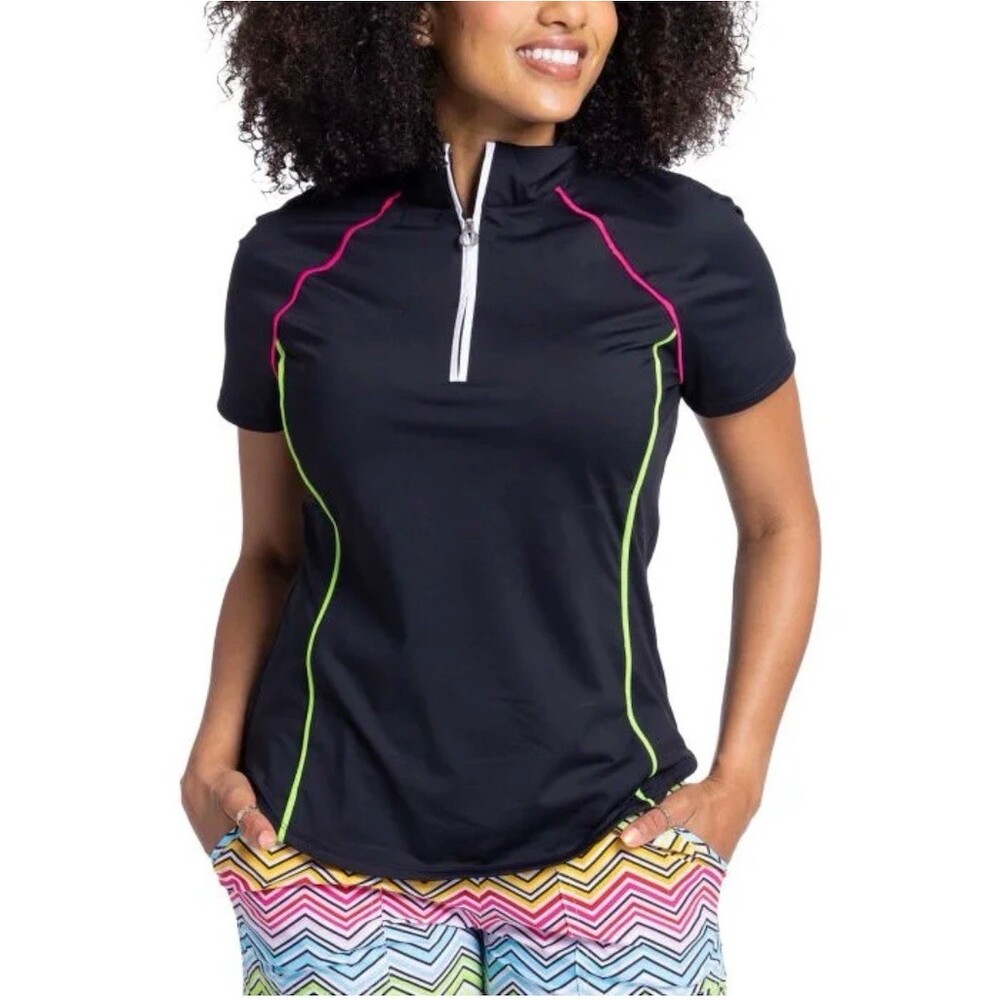 Kinona Golf Polo Top Womens Size S Black 1/4 Zip Neon Pink Green Piping